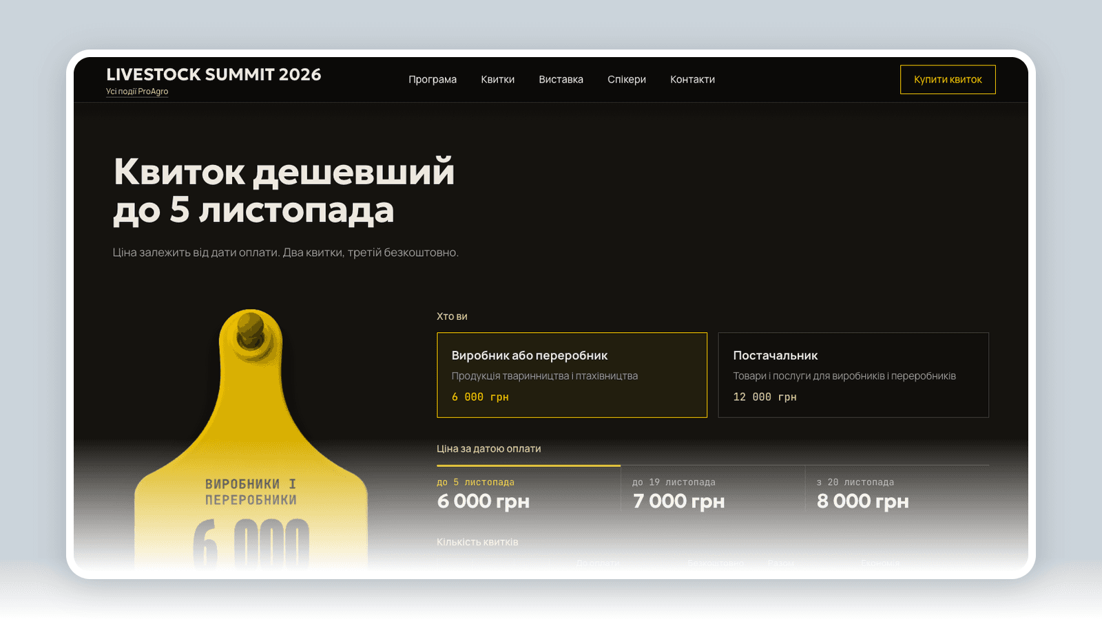 Калькулятор квитків: бирка з ціною 6 000 грн, категорія учасника, три хвилі цін і вигода 2+1
