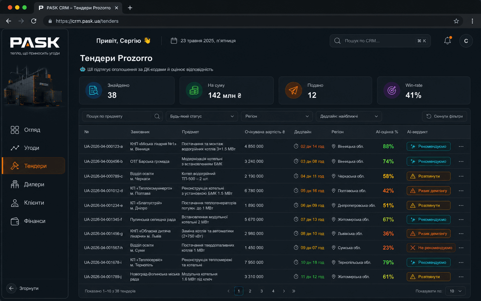 CRM для виробника котельного обладнання з AI-аналізом тендерів — кейс PASK — кадр 2