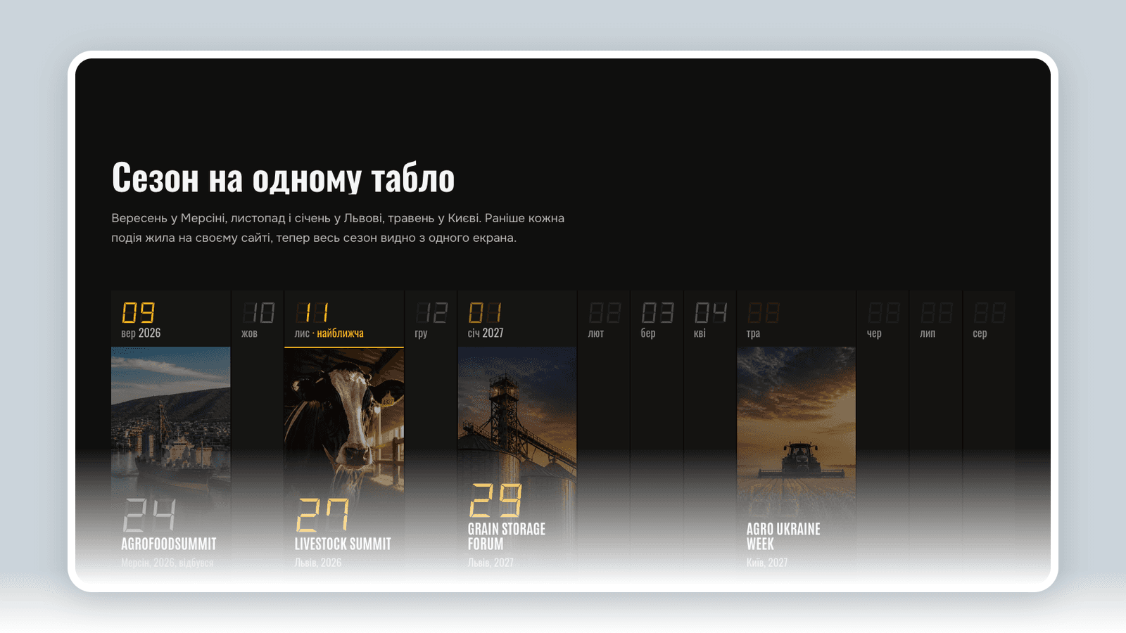 Табло сезону ProAgro: дванадцять місяців і чотири події з датами і містами