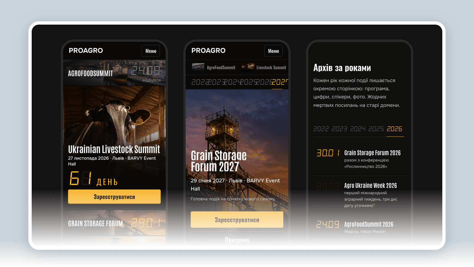 Сайт подій ProAgro на телефоні: колонки подій, сторінка форуму і архів за роками