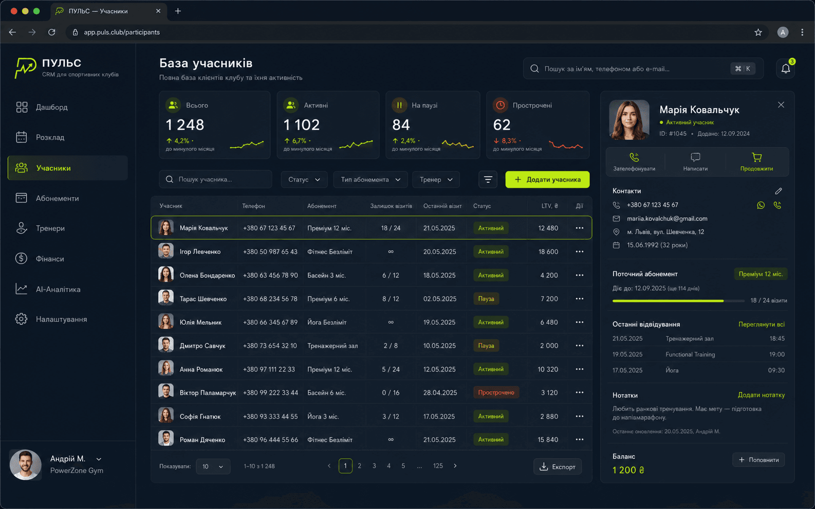 CRM для спортивного клубу з AI-аналітикою: утримання і завантаженість — кейс ПУЛЬС — кадр 2