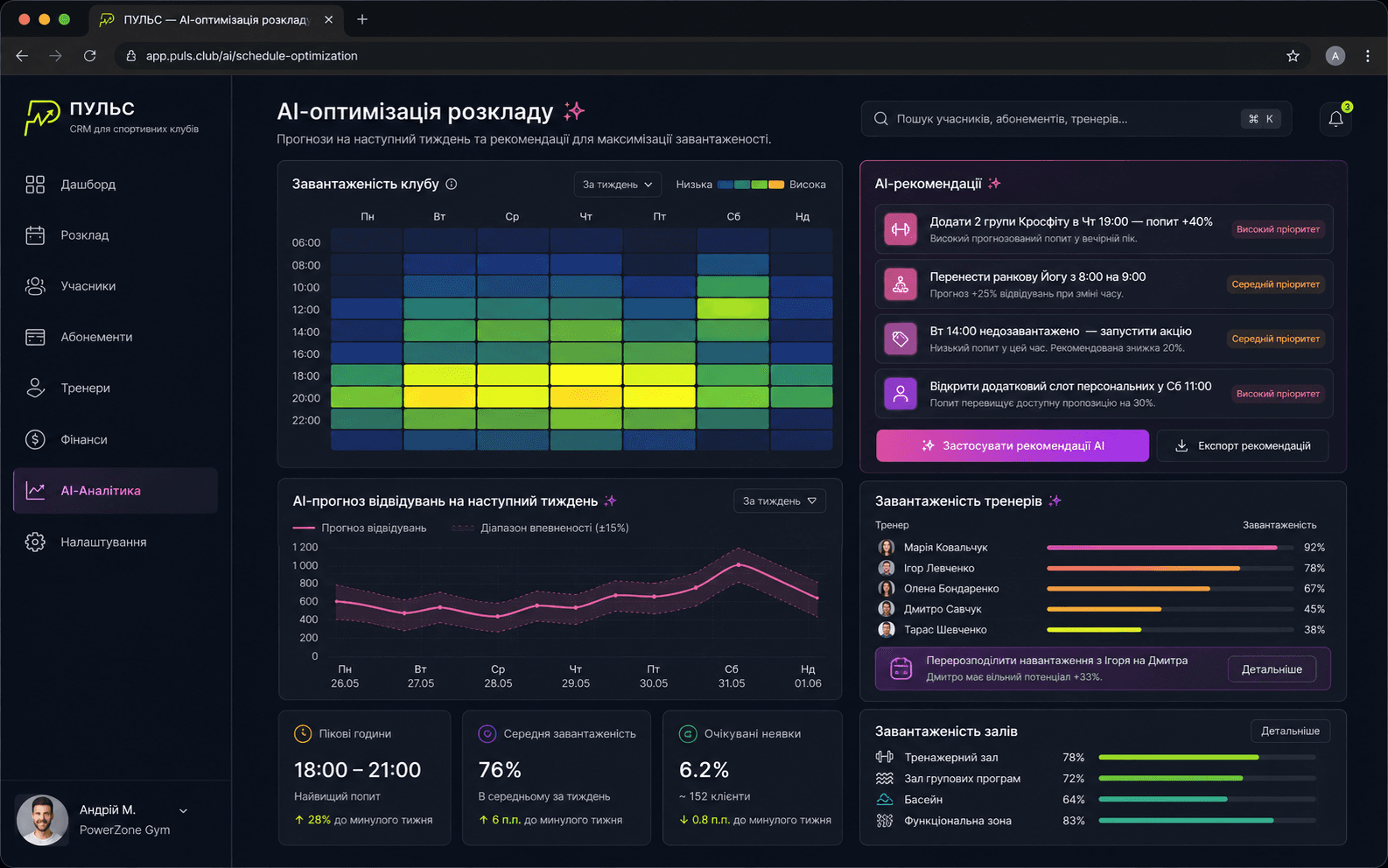 CRM для спортивного клубу з AI-аналітикою: утримання і завантаженість — кейс ПУЛЬС — кадр 5