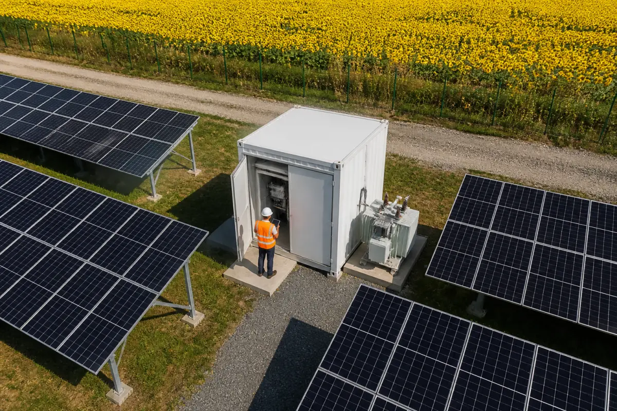 An engineer in a hi-vis vest at the open door of an inverter station between panel rows, seen from above; a sunflower field behind the fence