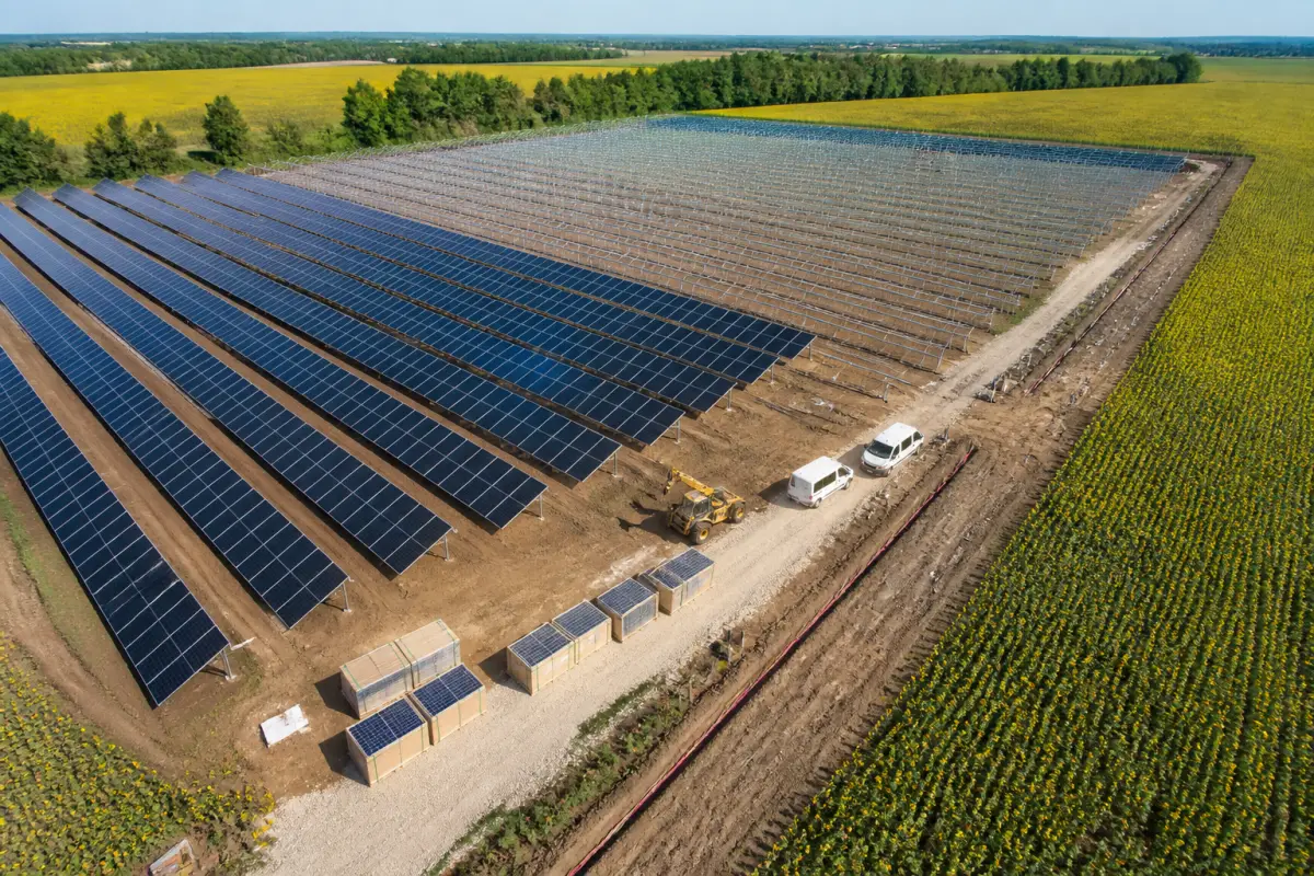 Aerial view of a solar park under construction: panel rows on one side, bare steel tables on the other, pallets of modules and a cable trench by the track