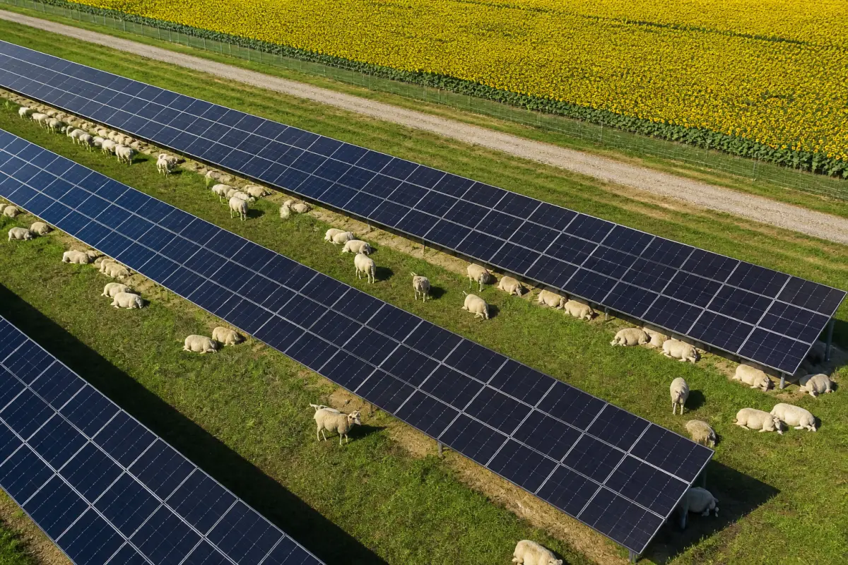 Sheep grazing in the grass under rows of solar panels, a sunflower field beyond the fence