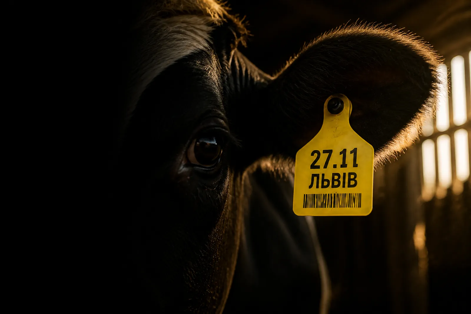 Жовта бирка з написом 27.11 Львів на вусі корови крупним планом