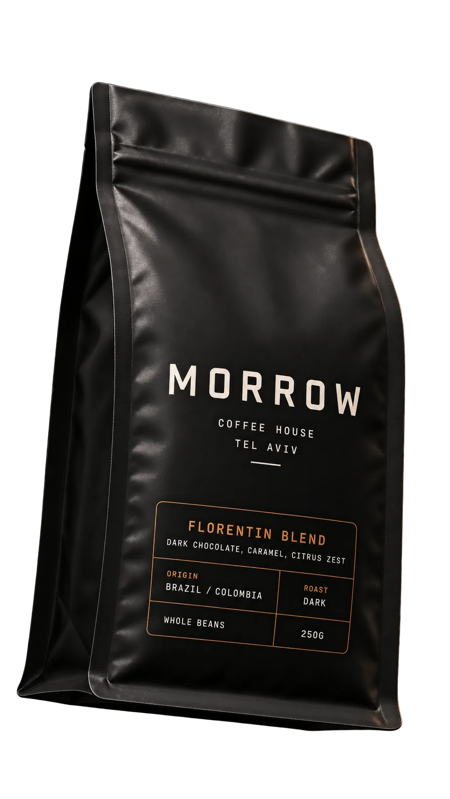 A matte black MORROW bag of Florentin Blend whole beans