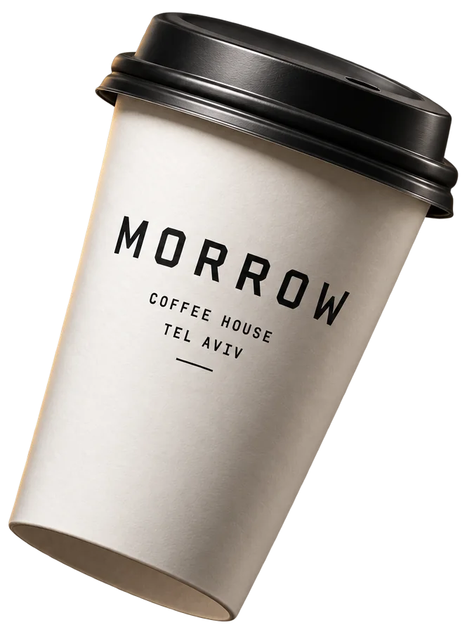 A MORROW takeaway cup, tipped to one side, with roasted beans floating around it
