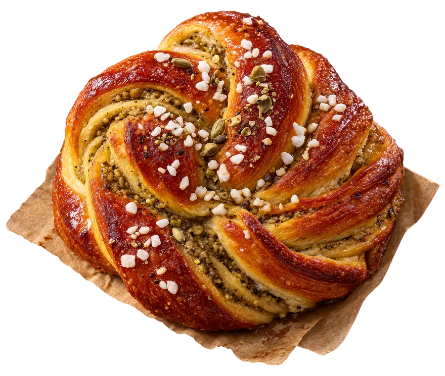 A knotted cardamom bun with pearl sugar on a square of baking paper