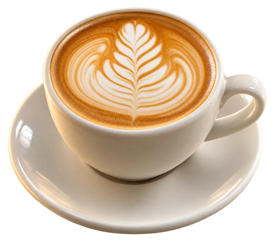 A flat white in a bone ceramic cup and saucer with a rosetta poured into the foam