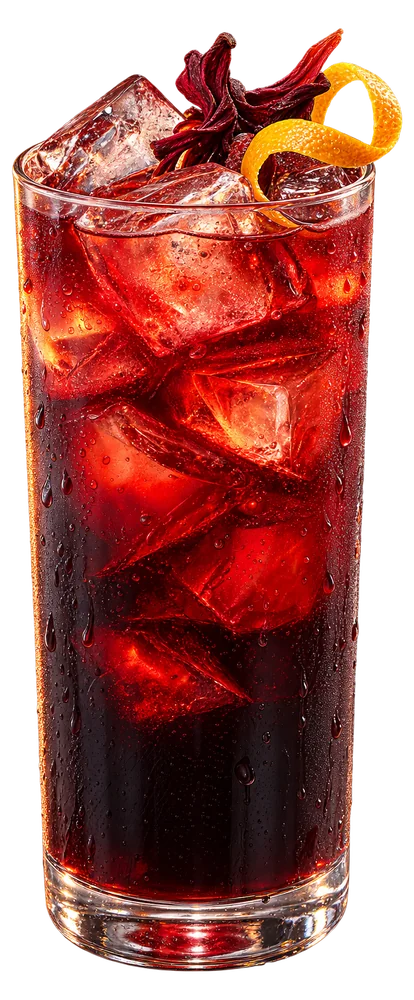 An iced hibiscus cold brew in a tall glass with ice, hibiscus petals and an orange peel