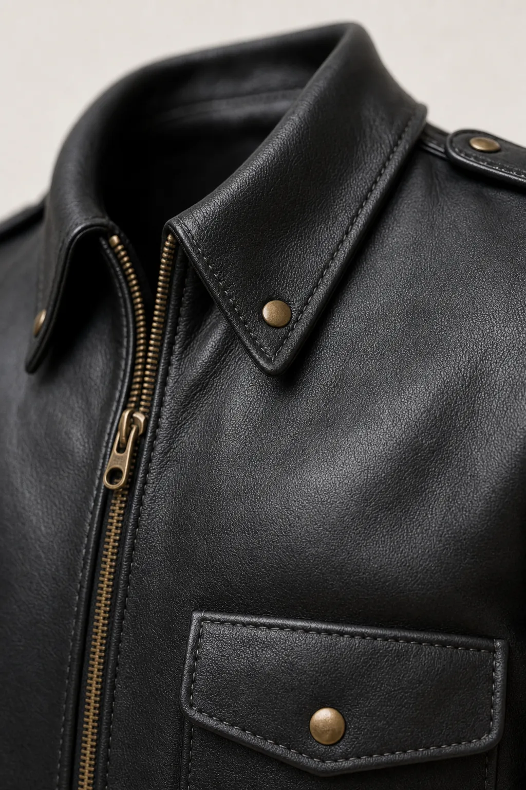 Close-up of the A-2 collar point snap, brass zip pull and horsehide grain