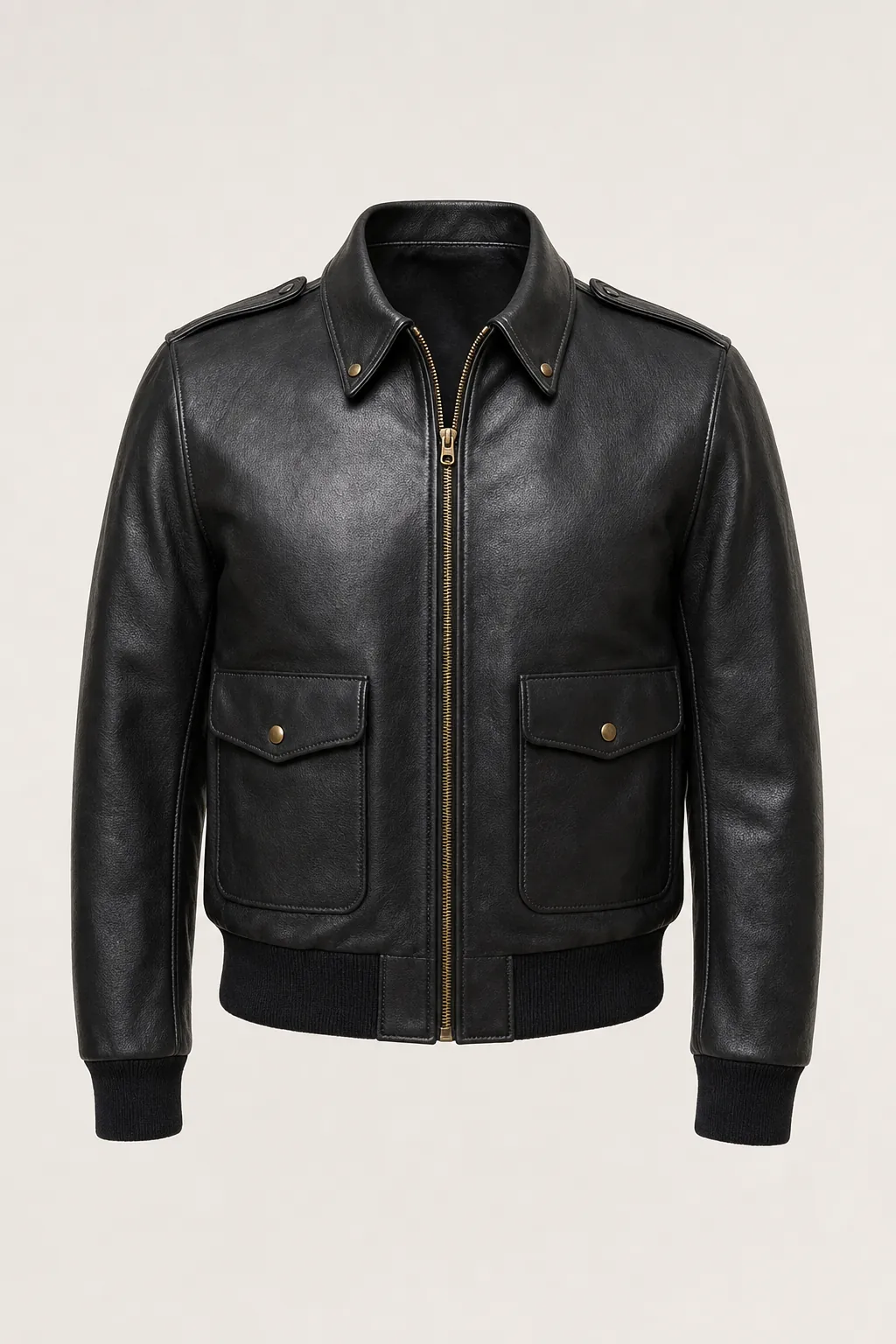 Black horsehide A-2 leather flight jacket, front, with snap-down collar, brass zip and two snap-flap pockets