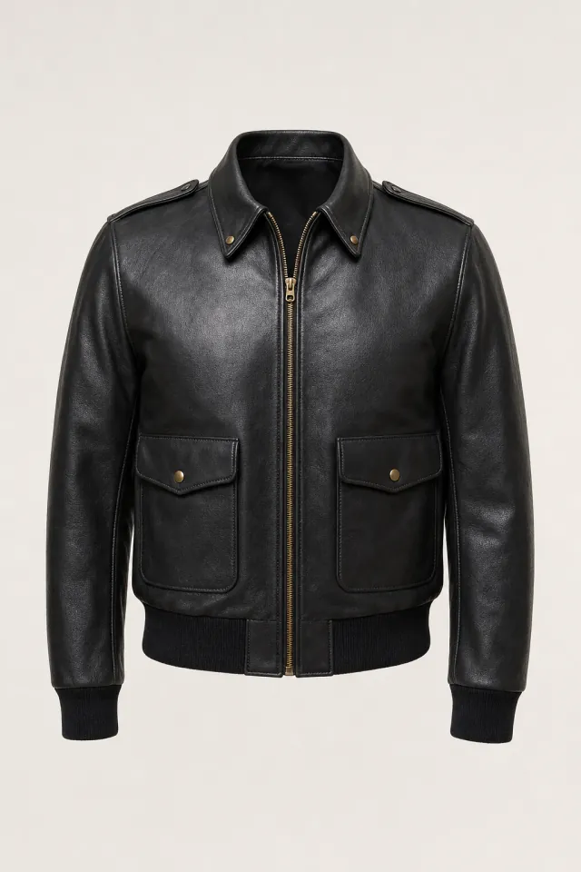Black horsehide A-2 leather flight jacket with snap-down collar, brass zip and two snap-flap pockets