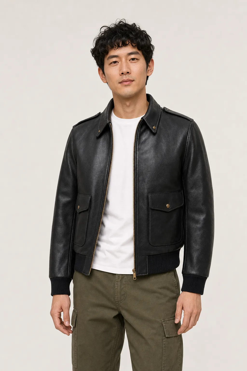 Man wearing the black A-2 zipped halfway over a white T-shirt with olive cargo trousers