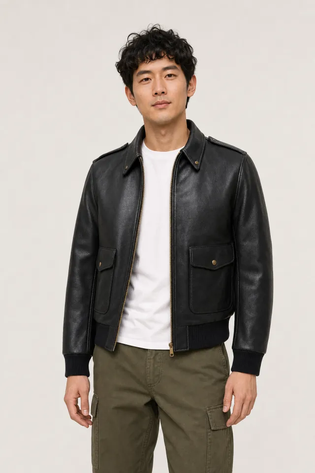 Man wearing the black A-2 leather flight jacket