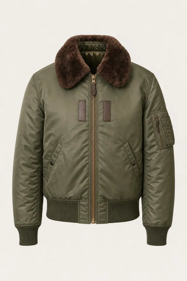 Olive nylon B-15 flight jacket with a dark brown mouton fur collar