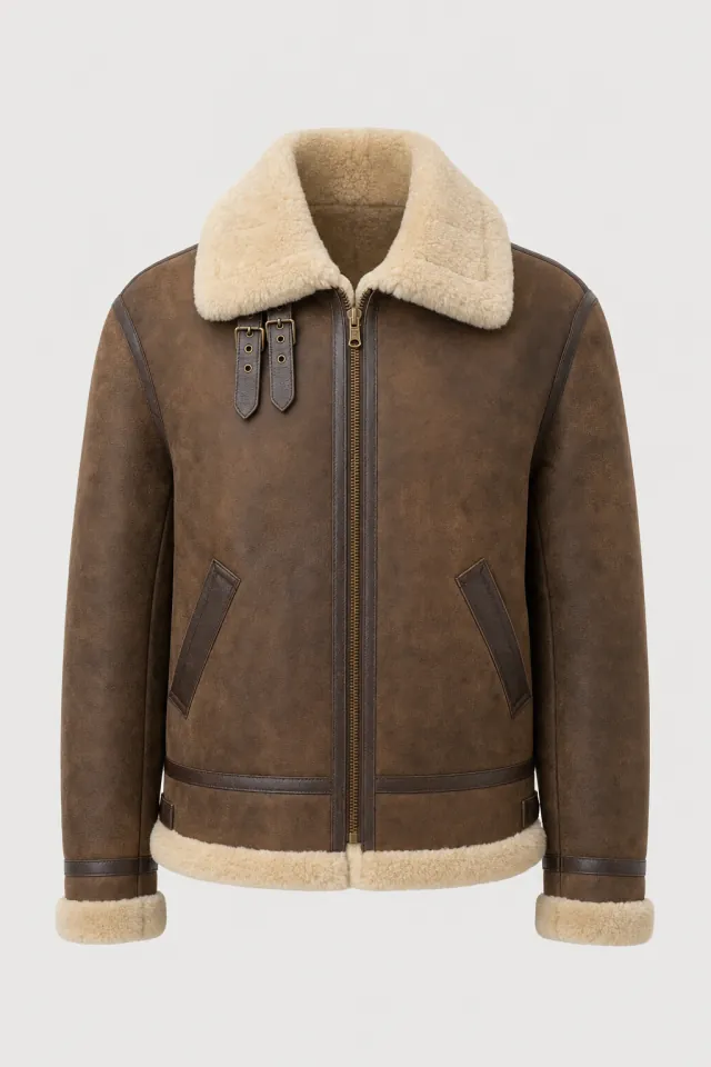 Tobacco-brown B-3 sheepskin bomber with a cream shearling collar and leather collar straps