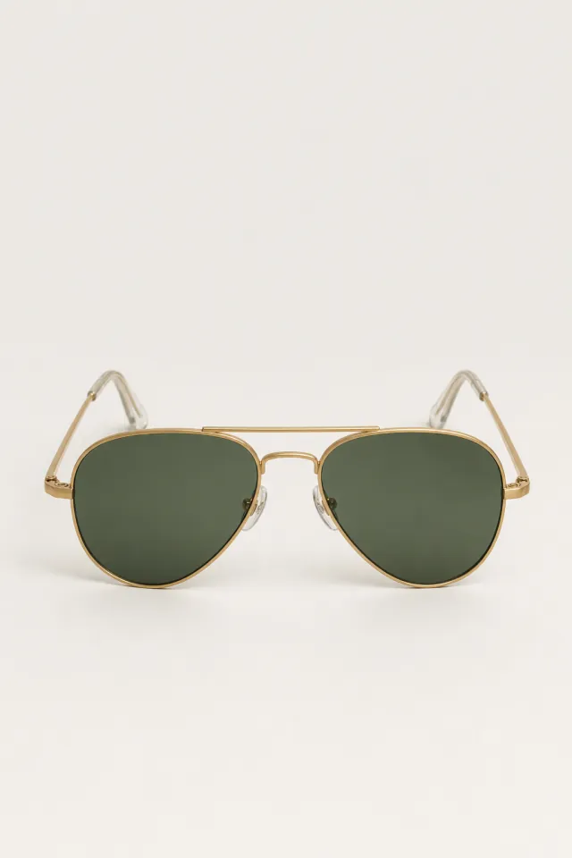 Gold-frame aviator sunglasses with bottle-green glass lenses