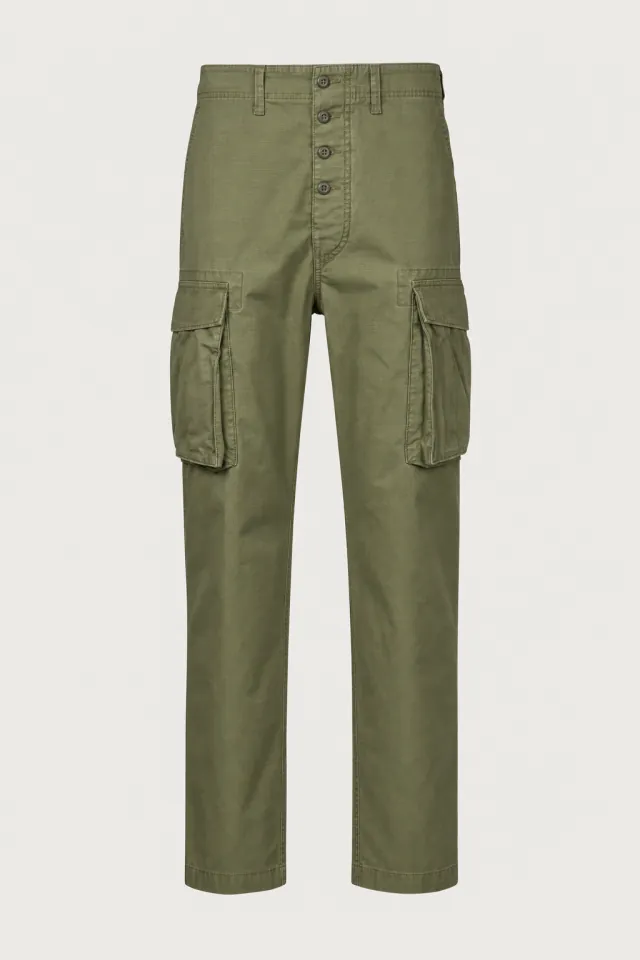 Olive cotton ripstop cargo trousers with bellows side pockets