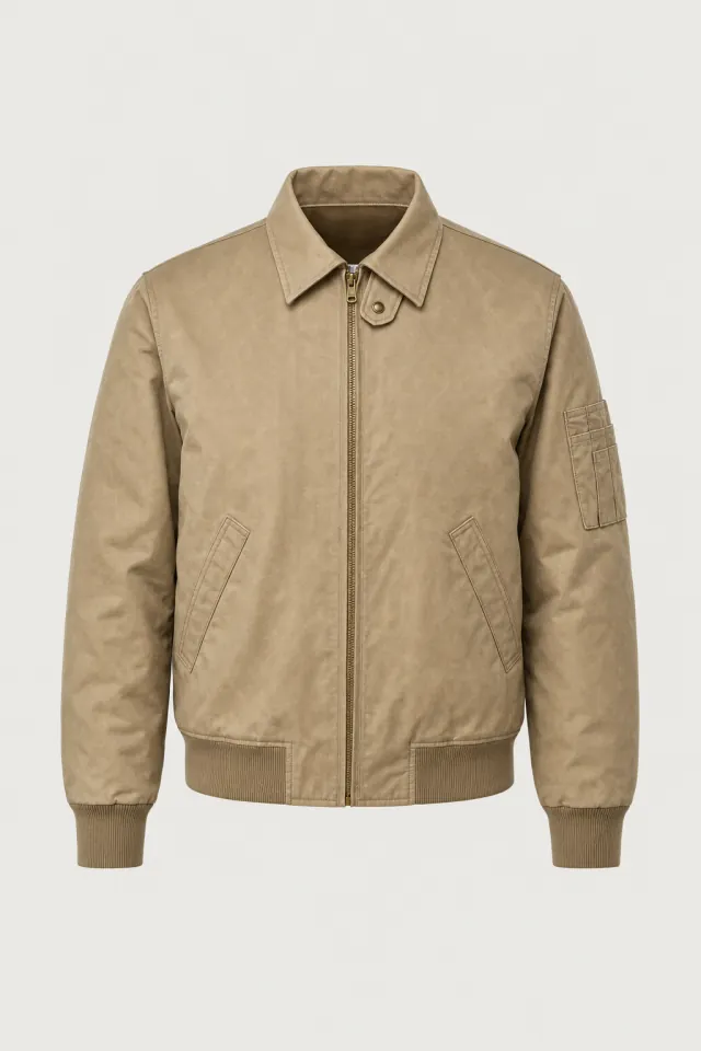 Sand waxed-cotton CWU flight jacket with a flat collar and a pen pocket on the sleeve