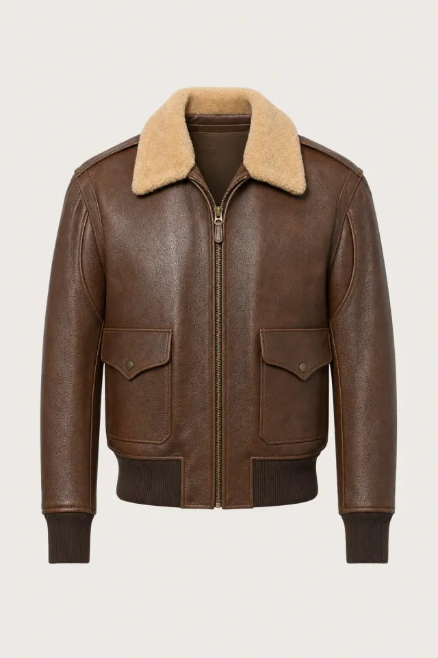 Chestnut goatskin G-1 leather flight jacket with a cream shearling collar