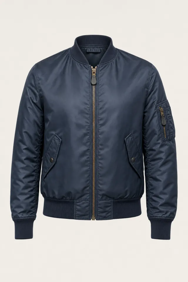 Midnight navy L-2B flight jacket with a rib-knit collar and sleeve pocket