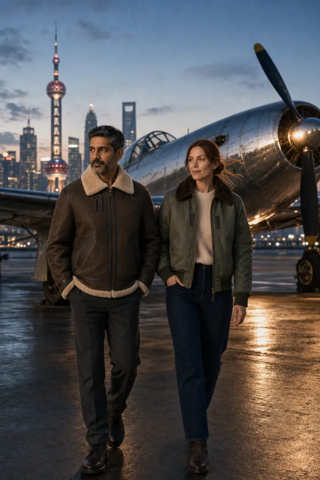 A man in the tobacco B-3 sheepskin bomber and a woman in the olive B-15 walk across an airfield at dusk, the Shanghai skyline lit behind them
