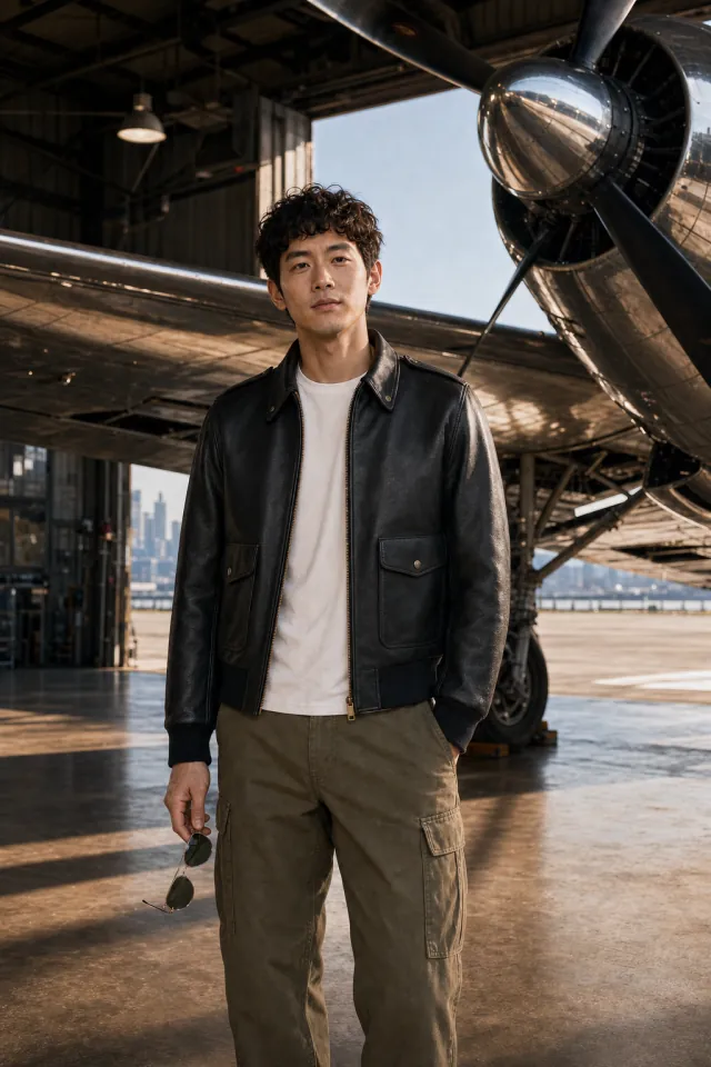 A young man in the black A-2 leather flight jacket stands under the wing of a polished propeller aircraft, holding aviator sunglasses