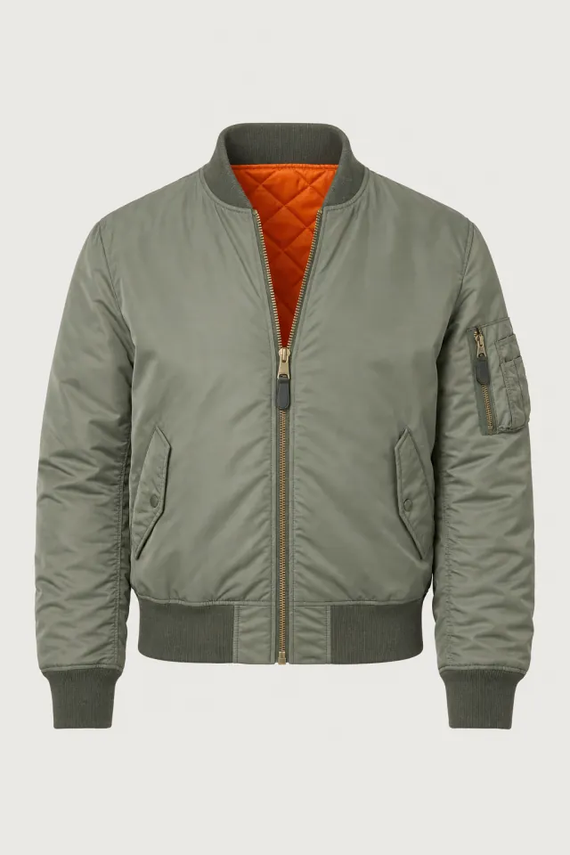 Sage green nylon MA-1 flight jacket with a rescue-orange lining showing at the neck