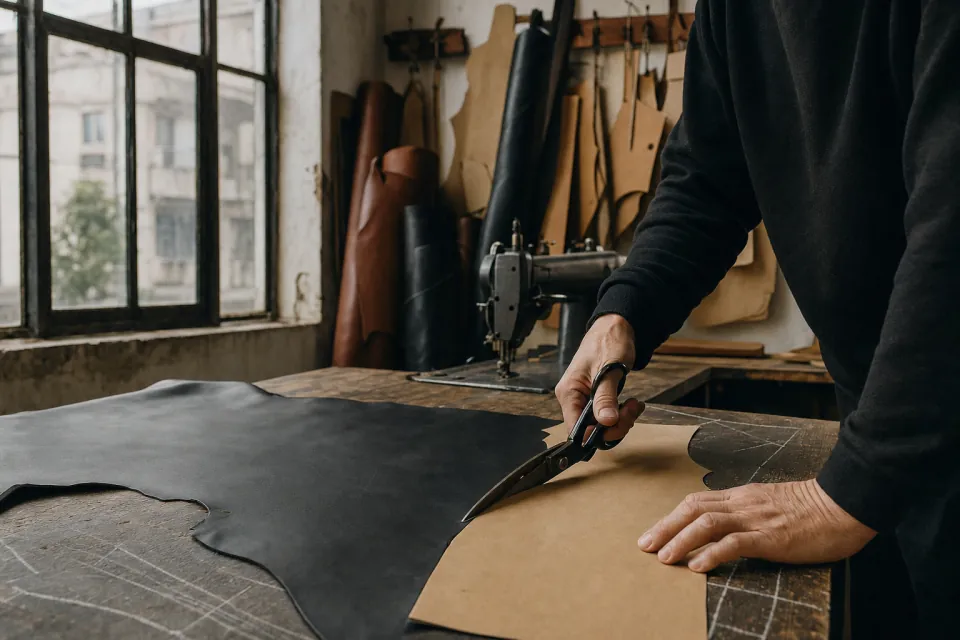 A craftsman's hands cutting black horsehide along a paper pattern on a wooden table in the Shanghai workshop