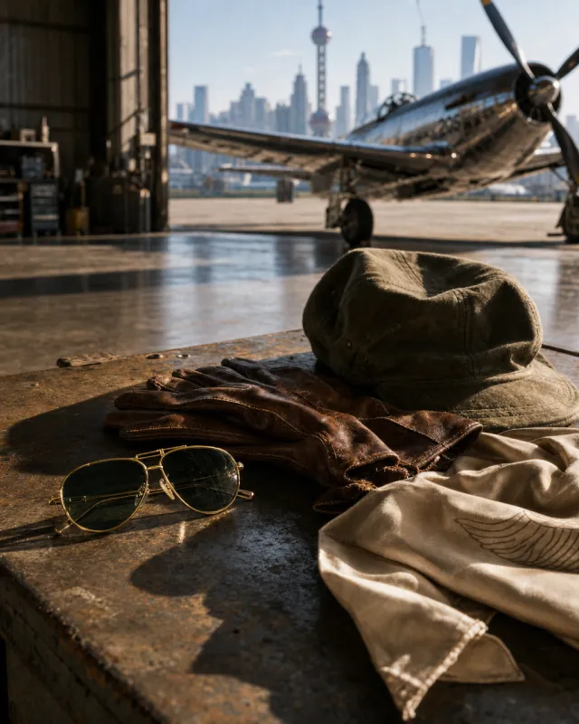 Aviator sunglasses, leather flight gloves, a silk scarf and a cap on a steel workbench in the hangar