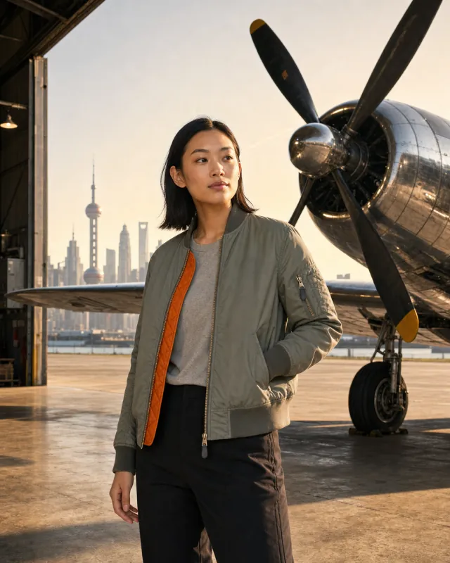Woman in the sage MA-1 flight jacket beside a silver propeller aircraft