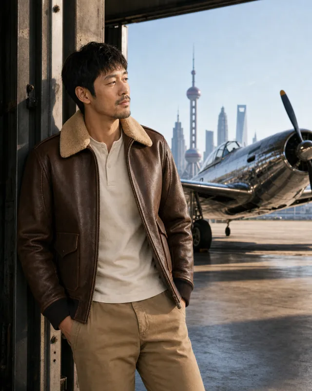 Man in the chestnut G-1 leather flight jacket leaning on a hangar door frame