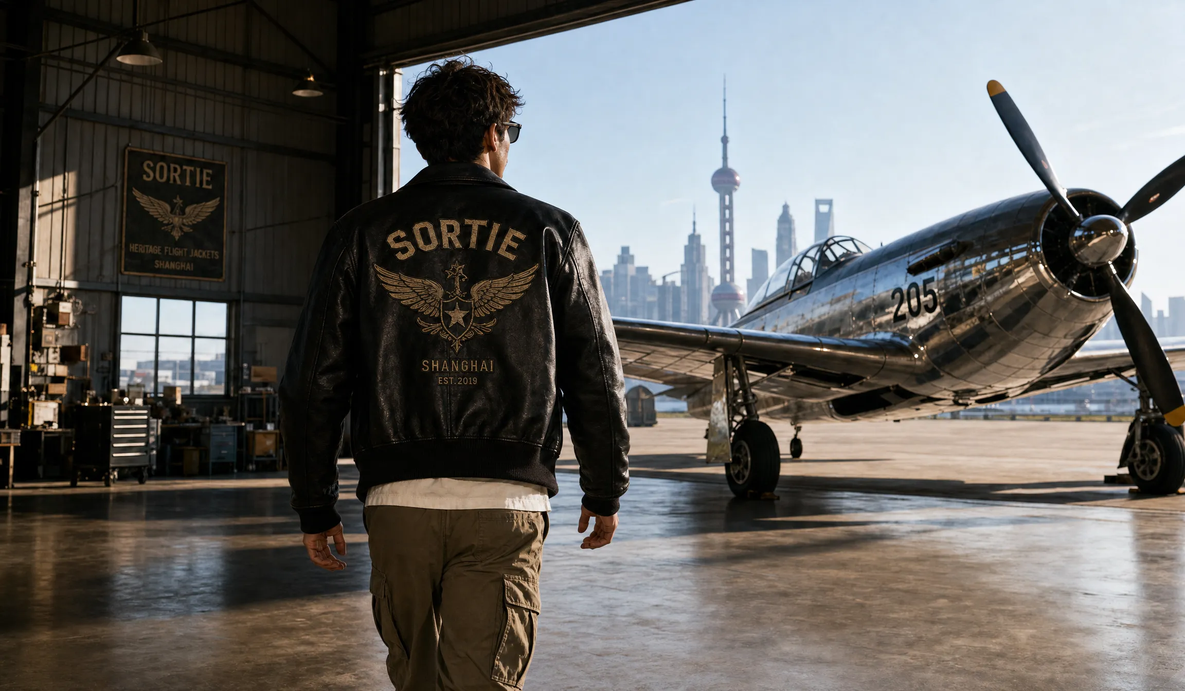 A man in a black leather SORTIE flight jacket with an embroidered winged back patch walks through a hangar toward a polished silver propeller aircraft, the Shanghai skyline beyond the open doors