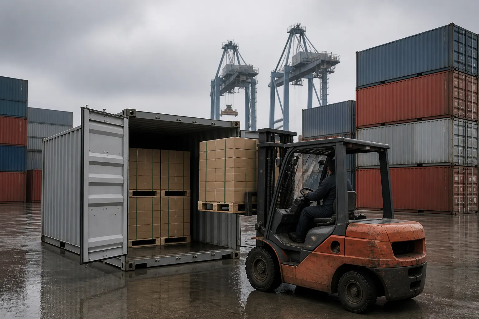A 40-foot high-cube container being loaded with pallets of boxed modules at the port of Ningbo, cranes in the haze behind.