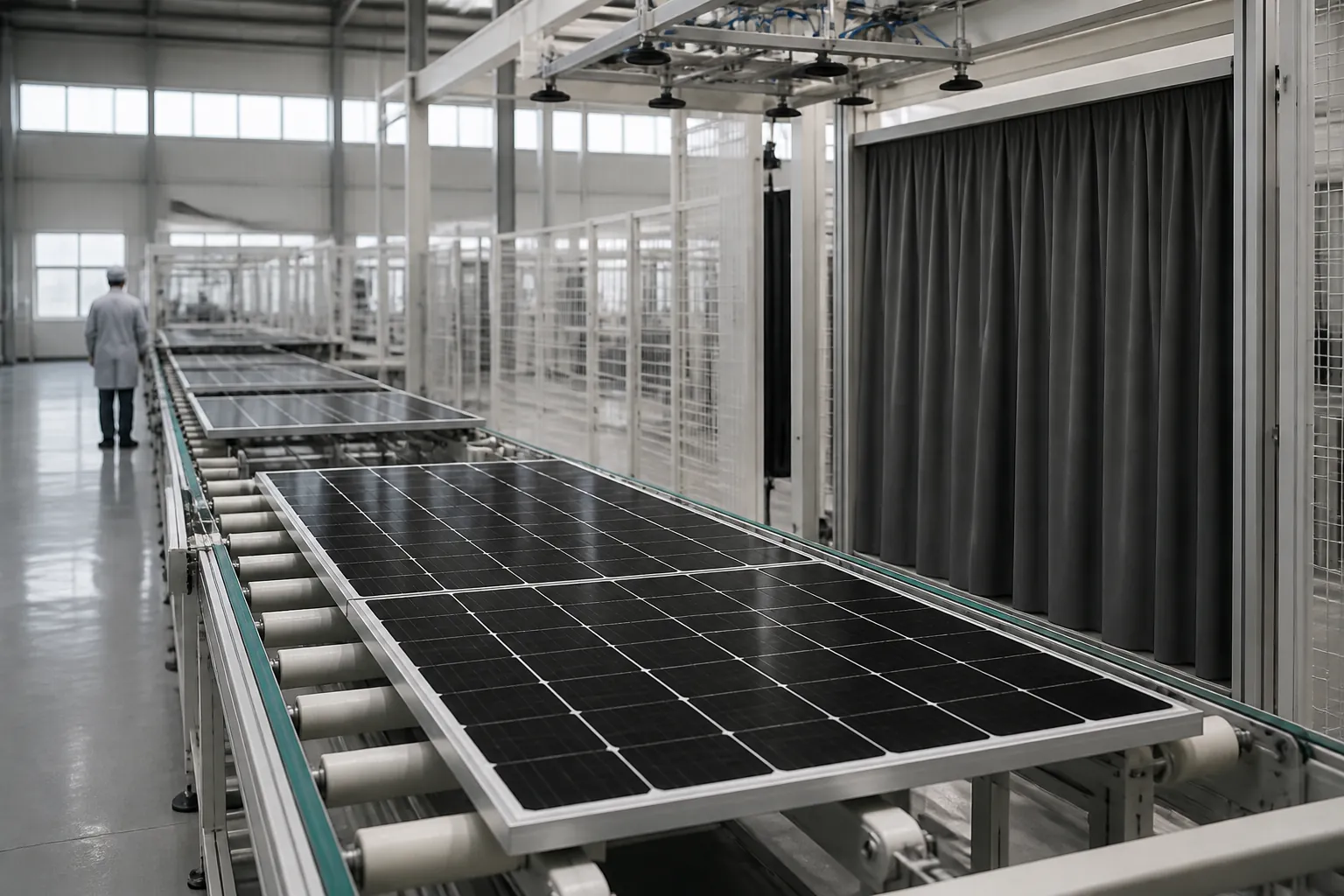 A module line in the Changxing plant: framed modules on a roller conveyor pass the curtained booth of the second EL test.